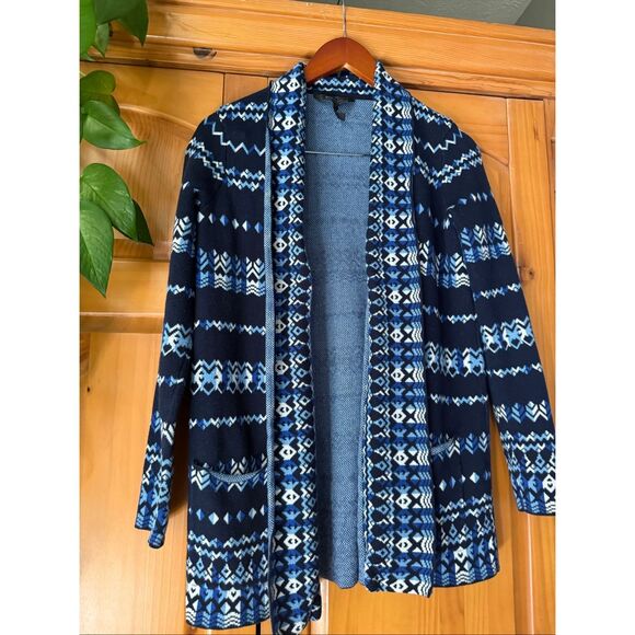 “BCBG Max Azria Blue Fair Isle Open-Front Cotton Cardigan Sweater (Size S)” - Picture 4 of 9